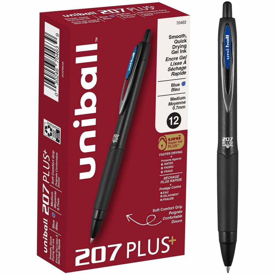 uniball™ 207 Plus  Gel Pen - Medium Pen Point - 0.7 mm Pen Point Size - Conical Pen Point Style - Refillable - Retractable - Blue Gel-based, Nanofiber Ink Ink - Black Metal Barrel - 1 / Dozen