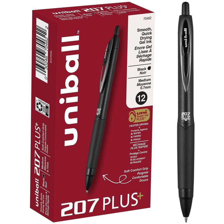 uniball™ 207 Plus  Gel Pen - Medium Pen Point - 0.7 mm Pen Point Size - Retractable - Black Gel-based, Nanofiber Ink Ink - Black Metal Barrel - 1 / Dozen