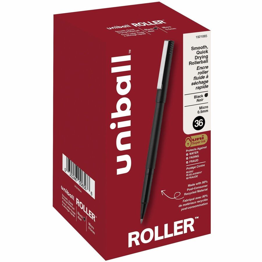 uniball™ Roller Rollerball Pen - Micro Pen Point - 0.5 mm Pen Point Size - Black Liquid Ink - Black Barrel - 36 / Pack