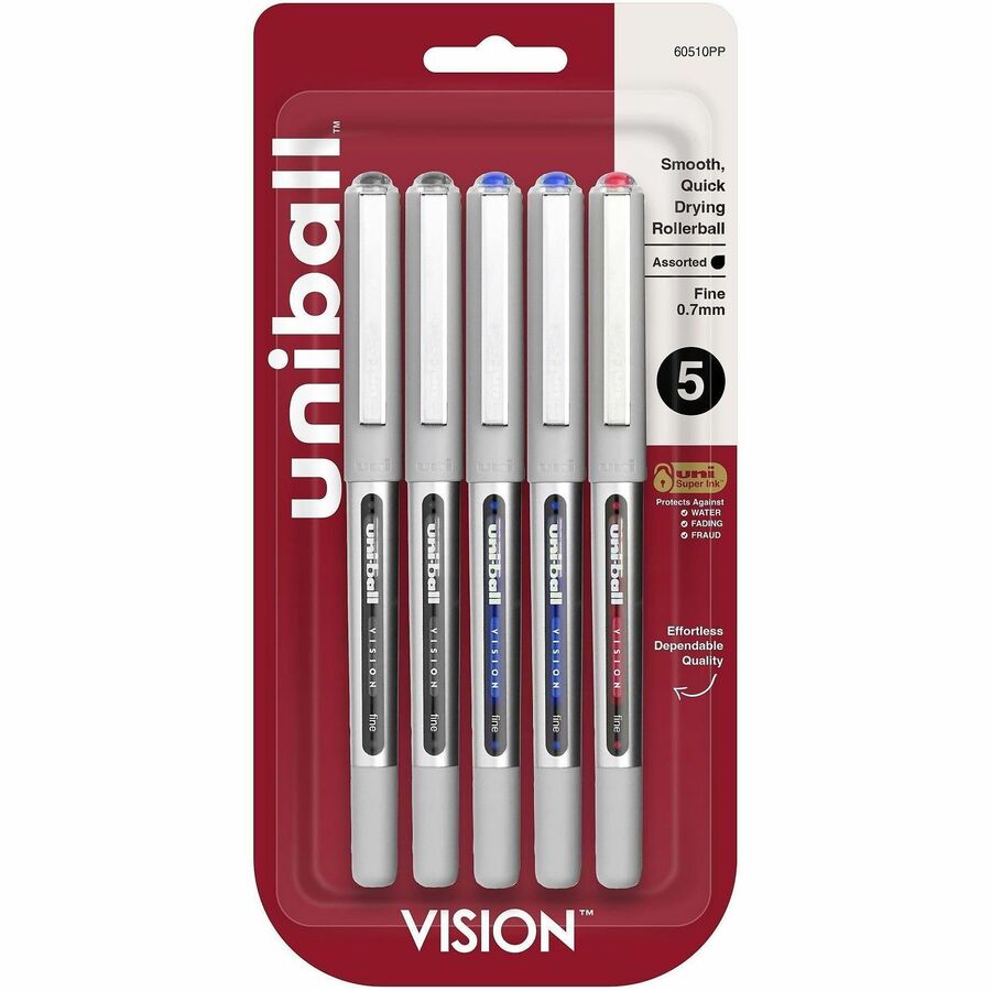uniball™ Vision Rollerball Pen - Fine Pen Point - 0.7 mm Pen Point Size - Black, Blue, Red - 5 / Pack