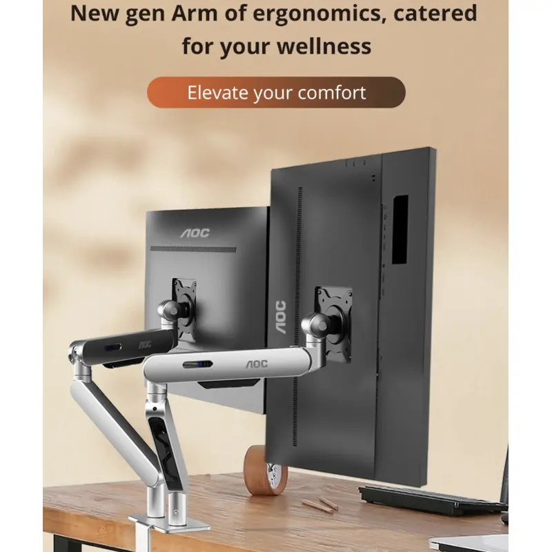 (LS)AOC AM420S Dual Mount Sliver 2-9kg per Arm, 17-34' VESA 75 and 100. Clamp and Grommet mount, Mechanical Spring, Monitor Arm
