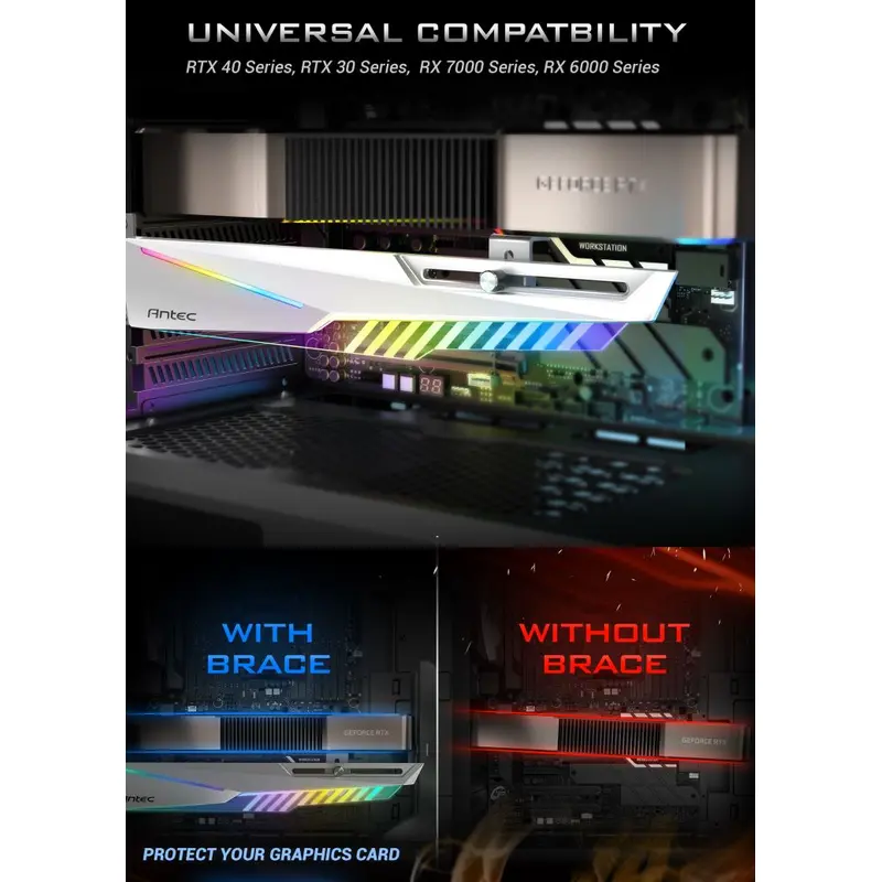 Antec HGPU Bracket Dagger White ARGB - PCI Slot mount. 5 holes. Horizontal GPU 170-270mm. universal case support,Tool-Less. Adjustable Support column.