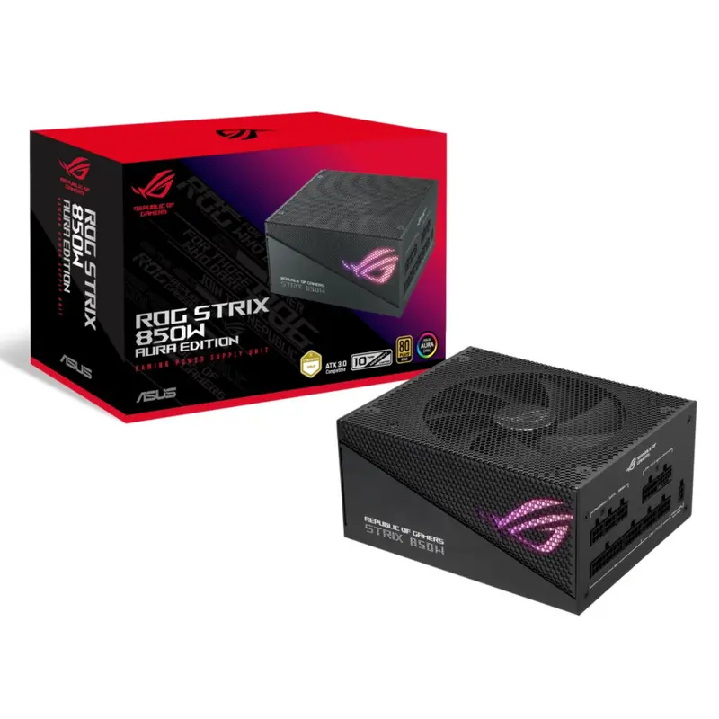 ASUS ROG-STRIX-AURA-850G-GAMING ROG STRIX 850W Gold Aura Edition, 80 Plus Gold, Fully Modular, Lambda A   Certification,135mm Fan, Aura Sync, 10YW