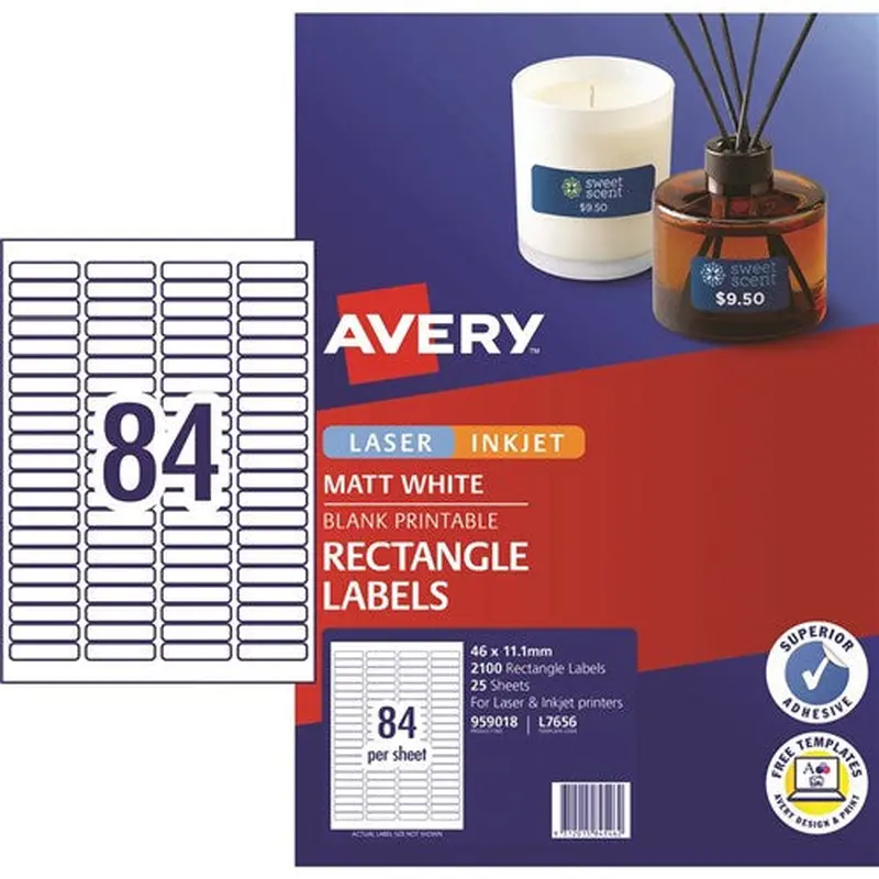 Avery Blank Printable Labels L7656 46 x 11.11mm Rectangle Matte White 84UP 2100 Labels
