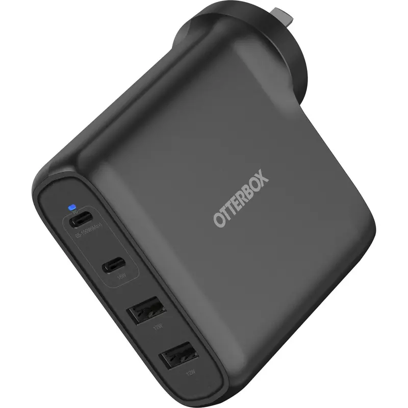 OtterBox 100W Four Port USB-C (Type I) PD Fast GaN Wall Charger - Black (78-81355), Dual USB-C (100W 18W), Dual USB-A (12W), 2 Years Warranty