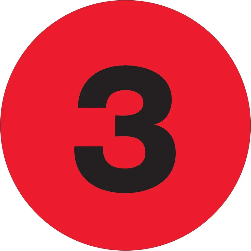 1" Circle - "3" (Fluorescent Red) Number Labels (DL6753) Roll Of 500