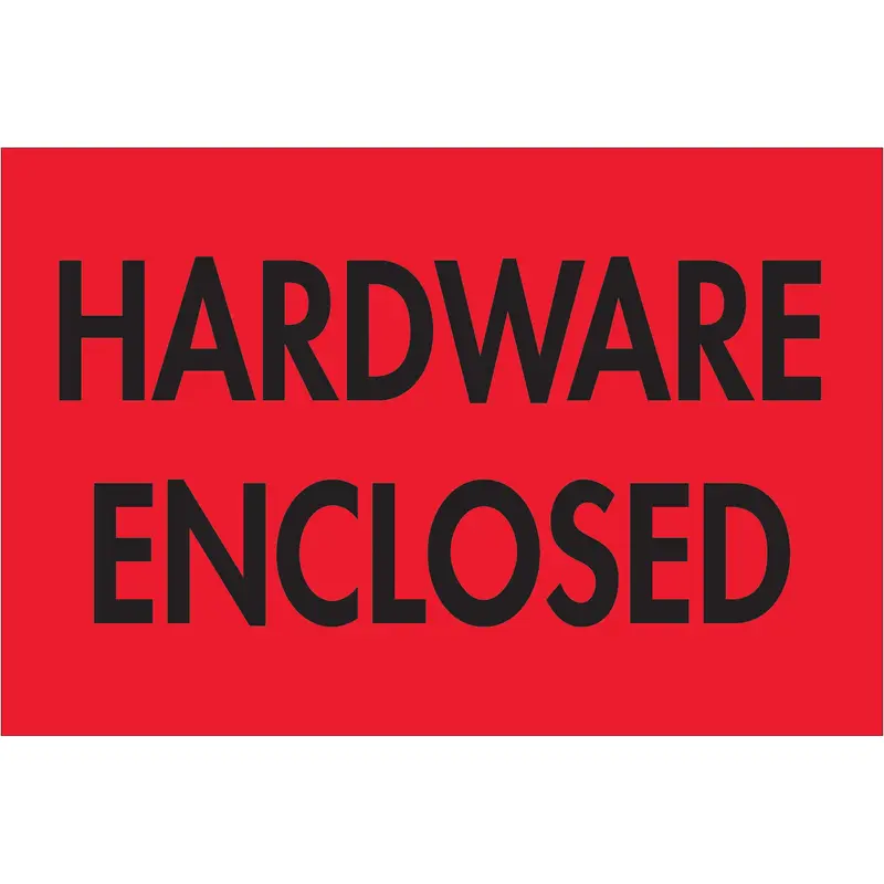 2 x 3" - "Hardware Enclosed" (Fluorescent Red) Labels (DL3591) Roll Of 500