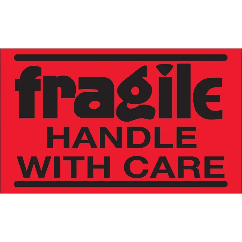3 x 5" - "Fragile - Handle With Care" (Fluorescent Red) Labels (DL1071) Roll Of 500