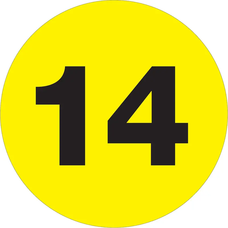 3" Circle - "14" (Fluorescent Yellow) Number Labels (DL1355) Roll Of 500