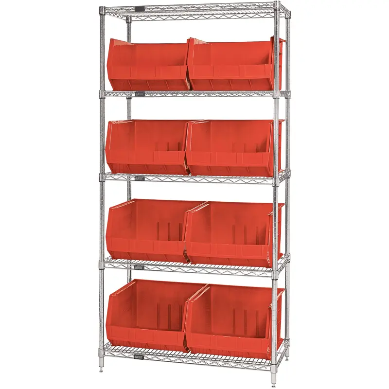 36 x 18 x 74" - 5 Shelf Wire Shelving Unit with (8) Red Bins (WSBQ270R) Each
