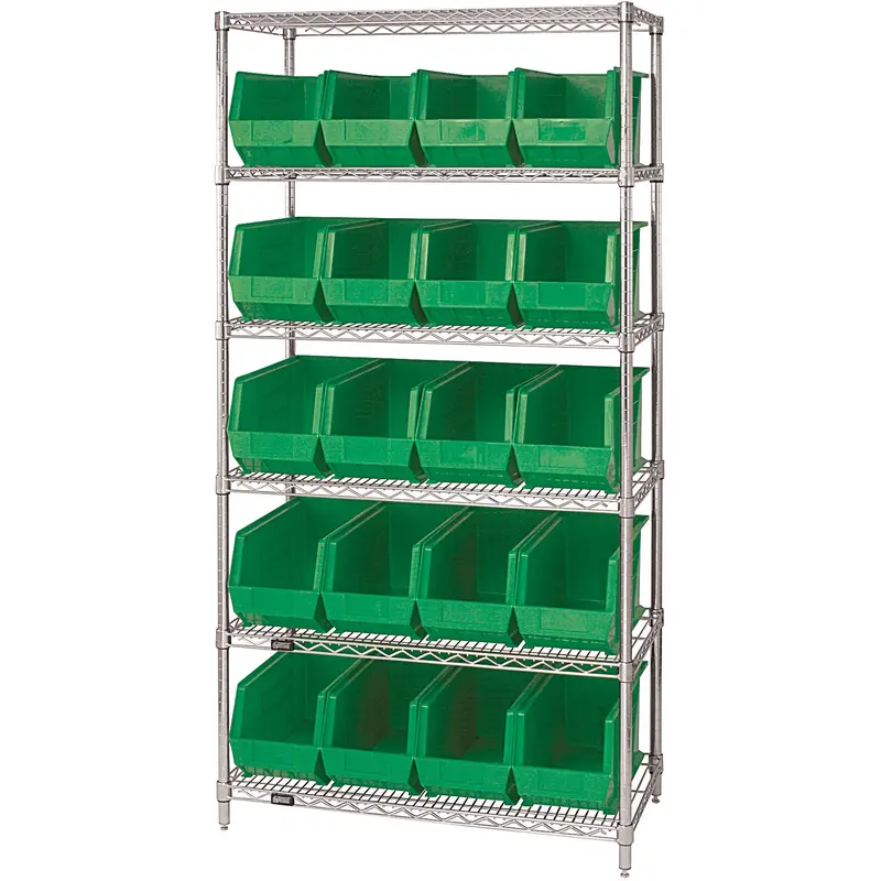 36 x 18 x 74" - 6 Shelf Wire Shelving Unit with (20) Green Bins (WSBQ265G) Each