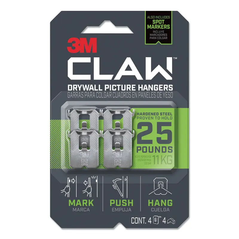 3M Claw Drywall Picture Hanger, Holds 25 lbs, 4 Hooks and 4 Spot Markers, Stainless Steel (MMM3PH25M4ES) Pack Of 24