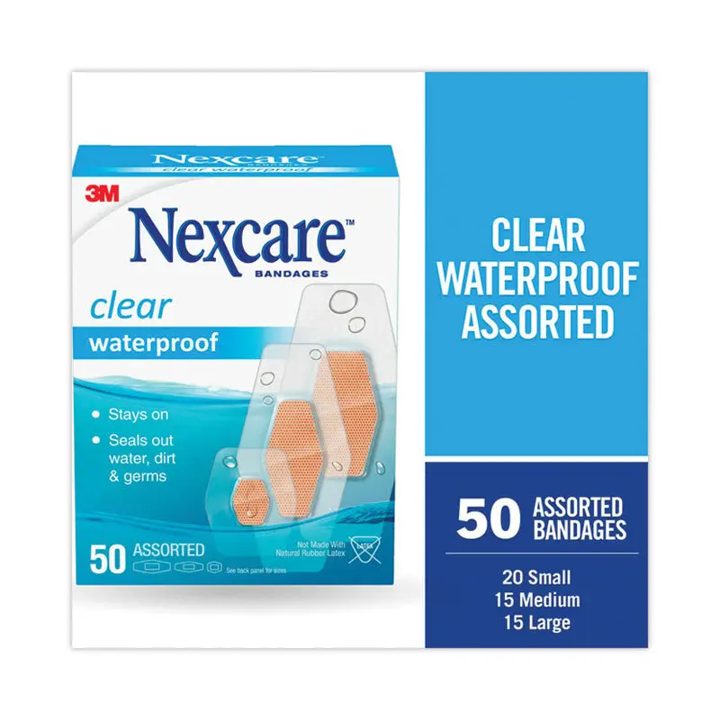 3M Nexcare Waterproof, Clear Bandages, Assorted Sizes, 50/Box (MMM43250) Box of 50