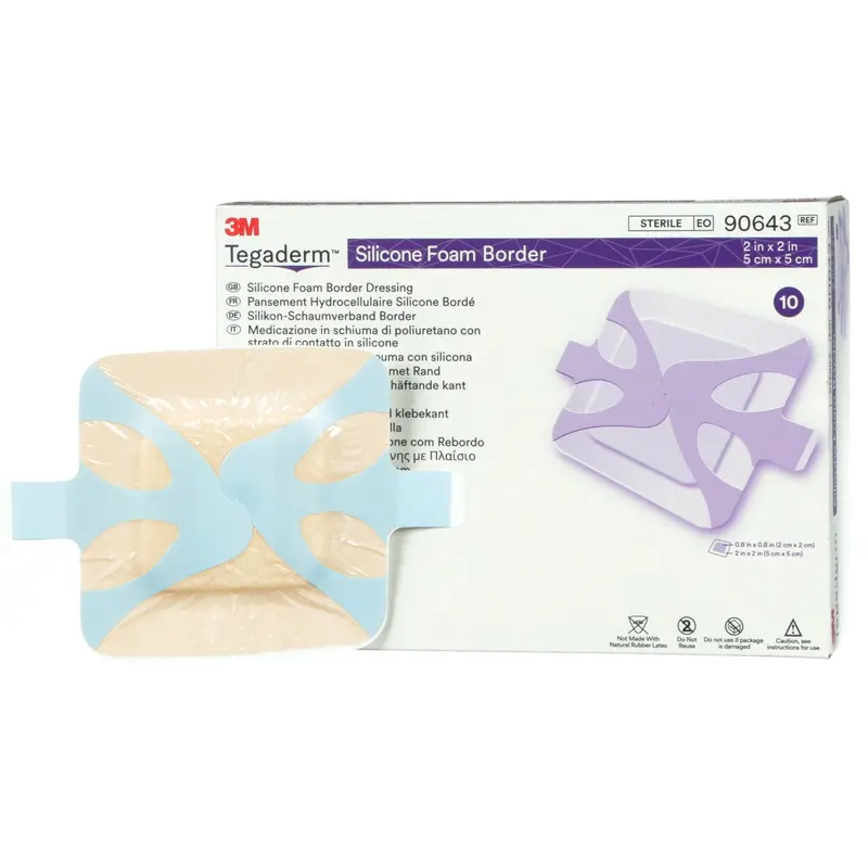 3M Tegaderm Foam Dressing 2 X 2 Inch With Border Film Backing Silicone Adhesive Square Sterile (1079670_BX) 10/BX