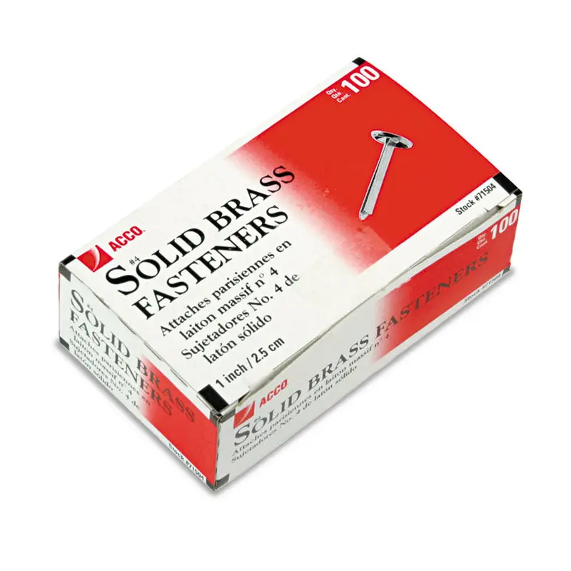 ACCO #4 Brass Prong Paper Fasteners, 1" Capacity, Brass, 100/Box (ACC71504) Box of 100 Fasteners