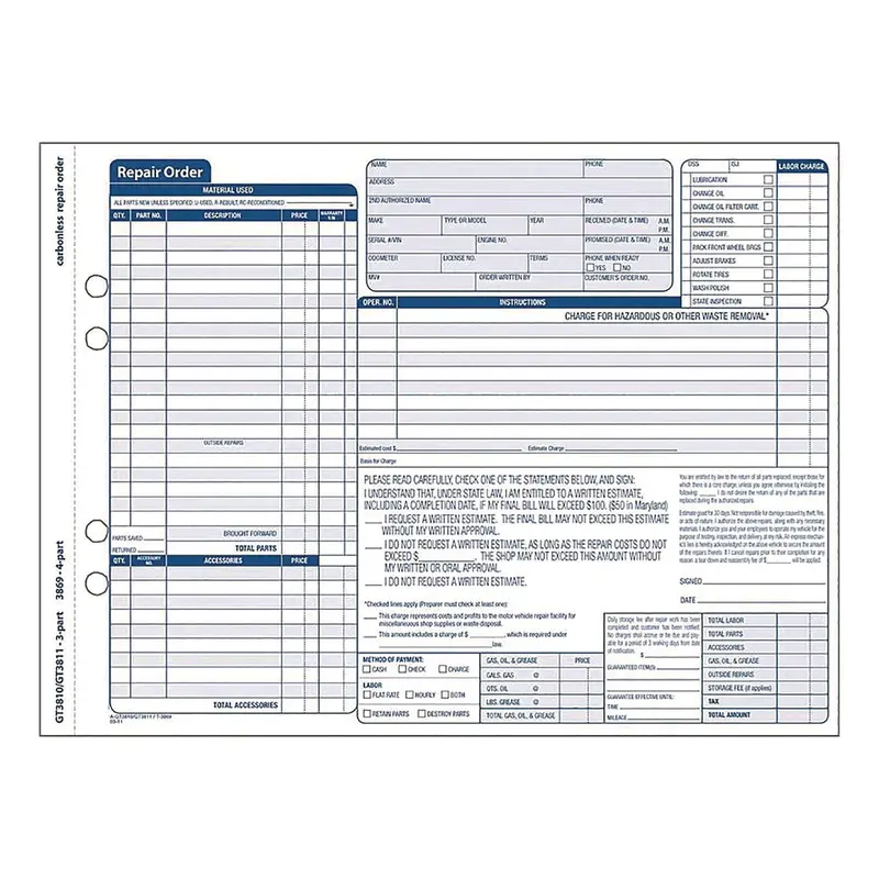 Adams Multipart Auto Repair Work Order Forms with Checklist for Routine Jobs, Three-Part Carbonless, 10.94 x 8.5, 50 Forms Total (ABFGT3810) Pack of 50