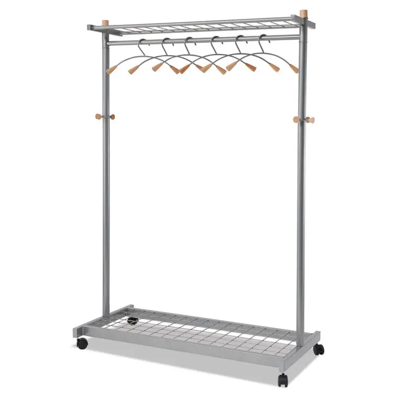 Alba Garment Racks, Two-Sided, 2-Shelf Coat Rack, 6 Hanger/6 Hook, 44.8w x 21.67d x 70.8h, Silver/Wood (ABAPMLUX6) Each