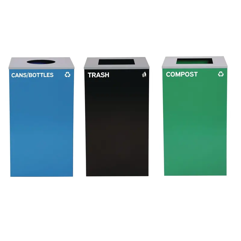 Alpine Industries 29 Gallon Trash/Recycling Cans, Steel, Blue Cans/Bottles with Circle Lid, Green Compost and Black Trash Cans with Square Lids (ALH4450BLKKIT34) Each