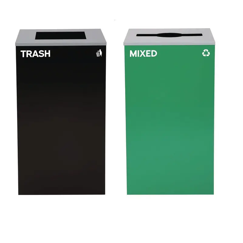 Alpine Industries 29 Gallon Trash/Recycling Cans, Steel, Green Mixed Recycling Can with Mixed Lid, Black Trash Can with Square Lid (ALH4450BLKKIT11) Each