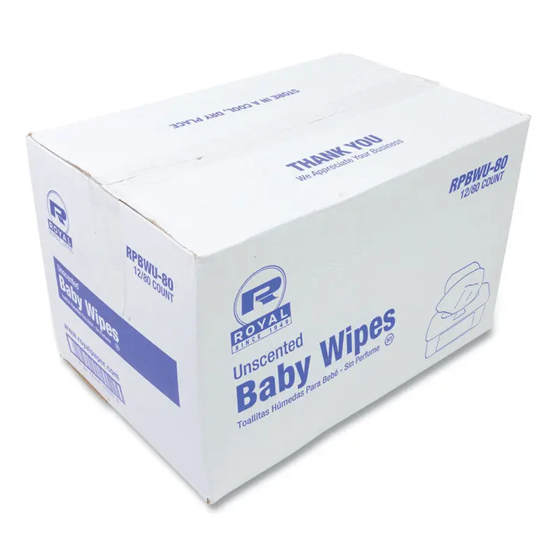 AmerCareRoyal Baby Wipes Tub, Unscented, White, 80/Tub, 12 Tubs/Carton (RPPRPBWU80) 12 Packs of 80