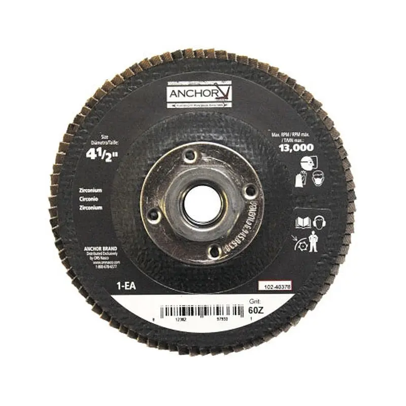 Anchor Brand Abrasive High Density Flap Discs, 4-1/2 in Dia, 60 Grit, 5/8 in - 11 Arbor, 12,000 rpm (102-40378) Each