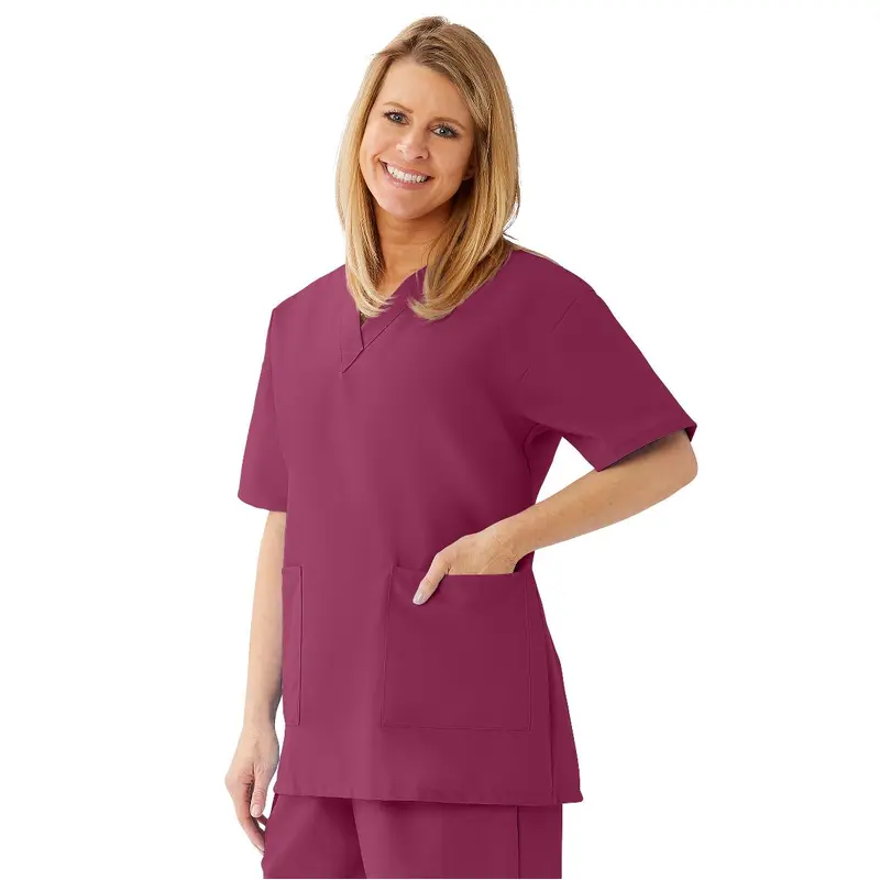 AngelStat Women's V-Neck Tunic Scrub Tops with 2 Pockets, Raspberry, Size S, 1 EA (893NTRS) Each