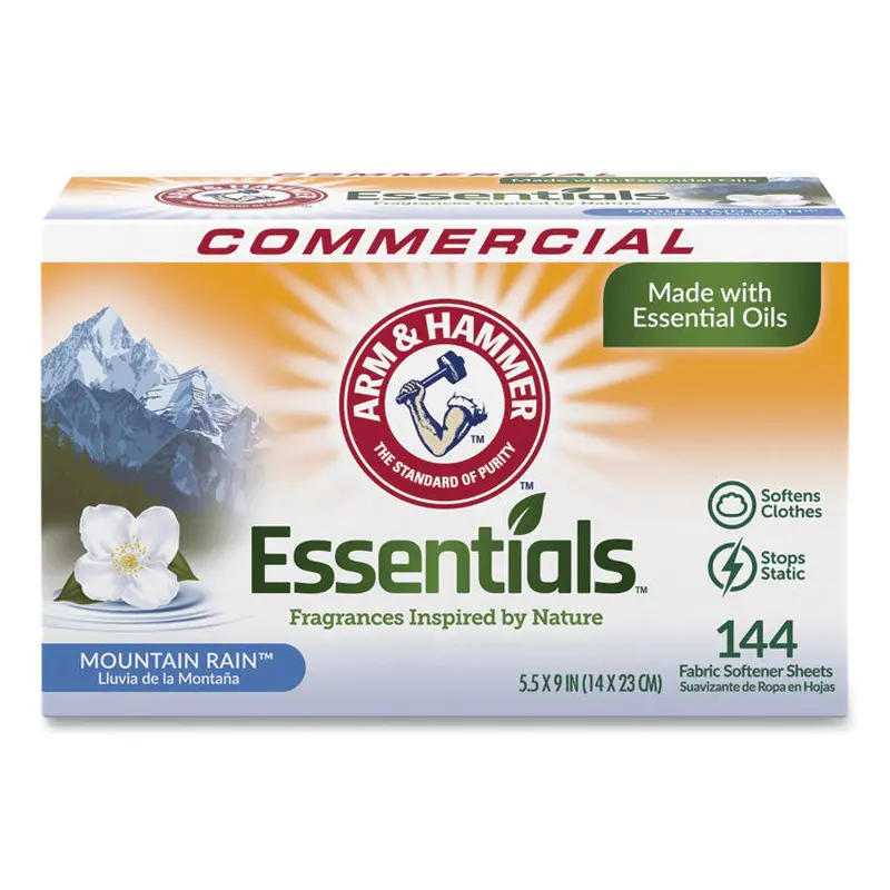 Arm & Hammer Essentials Dryer Sheets, Mountain Rain, 144 Sheets/Box (CDC3320000102BX) Box of 144