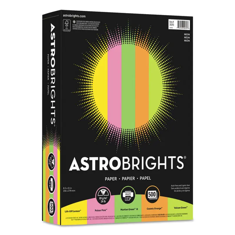 Astrobrights Color Paper - "Neon" Assortment, 24 lb Bond Weight, 8.5 x 11, Assorted Neon Colors, 500/Ream (WAU20270) 1 Ream