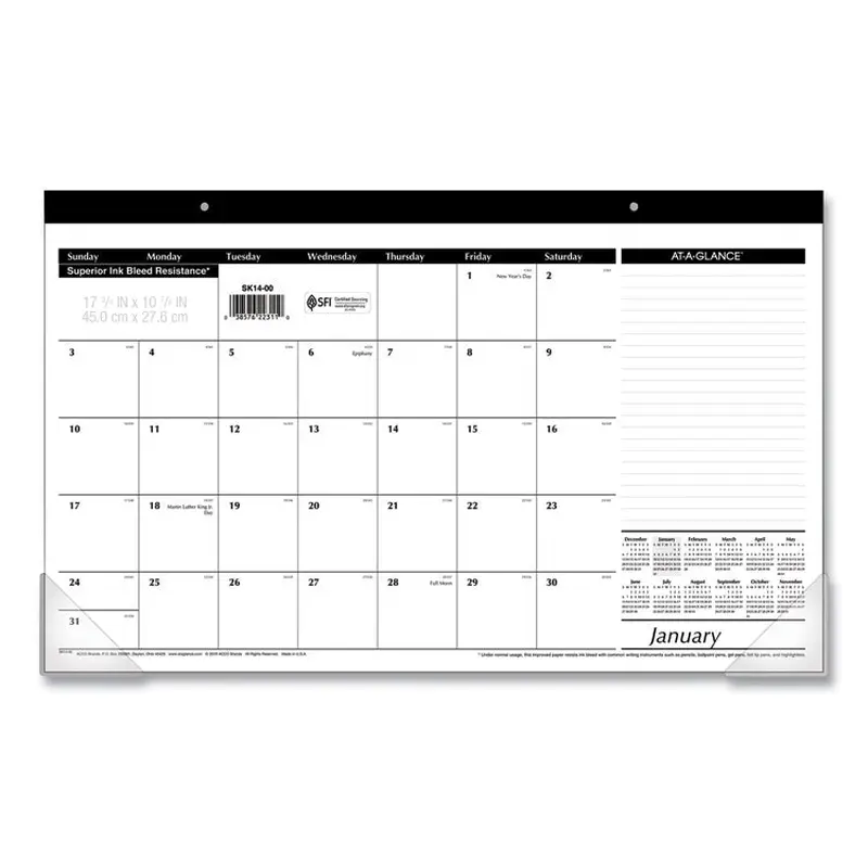AT-A-GLANCE Compact Desk Pad, 18 x 11, White Sheets, Black Binding, Clear Corners, 12-Month (Jan to Dec): 2026 (AAGSK1400) Each