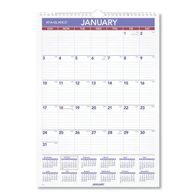AT-A-GLANCE Monthly Wall Calendar with Ruled Daily Blocks, 12 x 17, White Sheets, 12-Month (Jan to Dec): 2026 (AAGPM228) Each