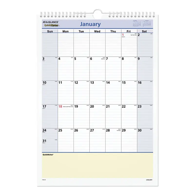 AT-A-GLANCE QuickNotes Wall Calendar, 12 x 17, White/Blue/Yellow Sheets, 12-Month (Jan to Dec): 2026 (AAGPM5228) Each