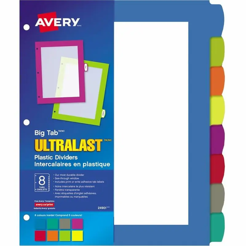 Avery® Big Tab Ultralast Plastic Dividers, Multicolor, 8-Tab, 8 1/2 x 11 (AVE24901) Set of 8