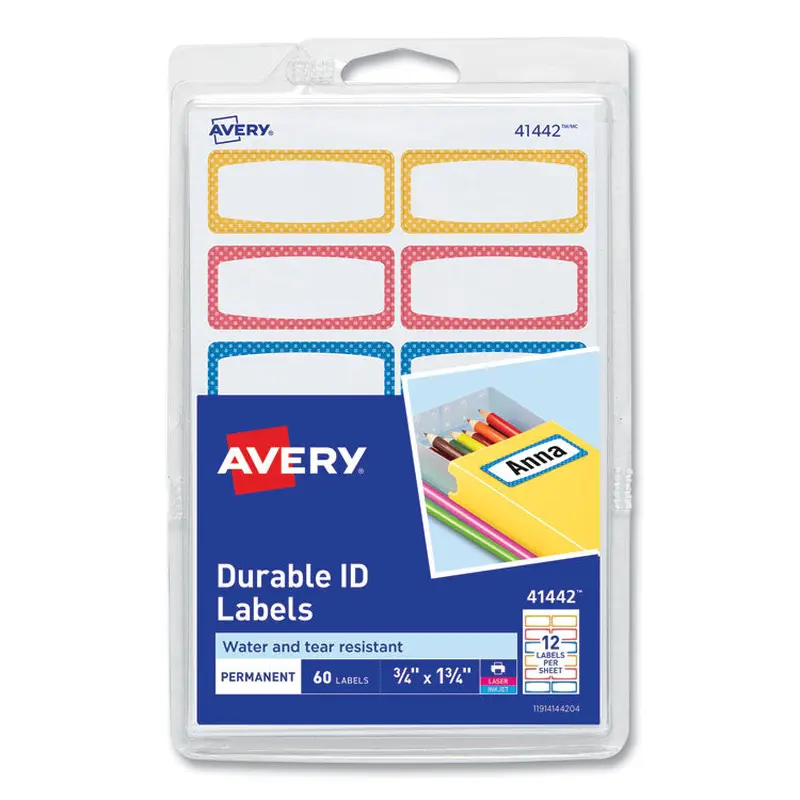 Avery Avery Kids Handwritten Identification Labels, 1.75 x 0.75, Borders: Blue, Orange, Yellow, 12 Labels/Sheet, 5 Sheets/Pack (AVE41442) Pack of 60