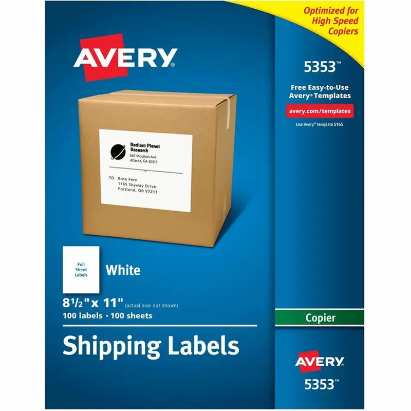 Avery Copier Mailing Labels, Copiers, 8.5 x 11, White, 100/Box (AVE5353) Box of 100