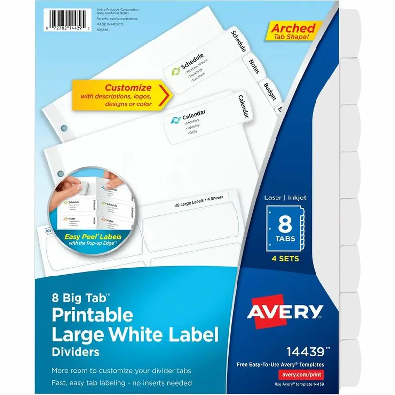 Avery® Easy Peel Large Tab Dividers, 8-Tab, 6/PK, White (AVE14439) Pack of 6