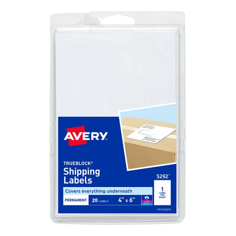 Avery 4 x 6 Shipping Labels with TrueBlock Technology, Inkjet/Laser Printers, 4 x 6, White, 20/Pack (AVE5292) Pack of 20