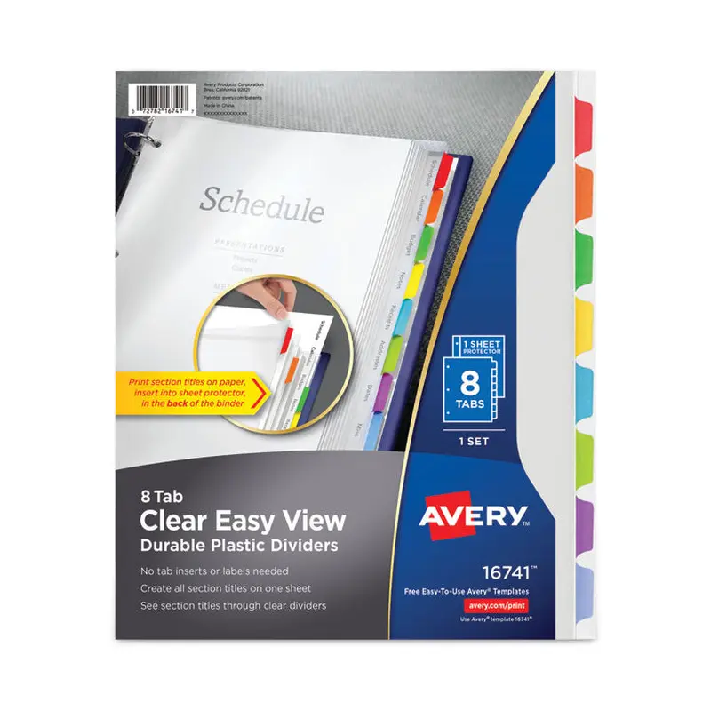 Avery Clear Easy View Plastic Dividers with Multicolored Tabs and Sheet Protector, 8-Tab, 11 x 8.5, Clear, 1 Set (AVE16741) Set of 8