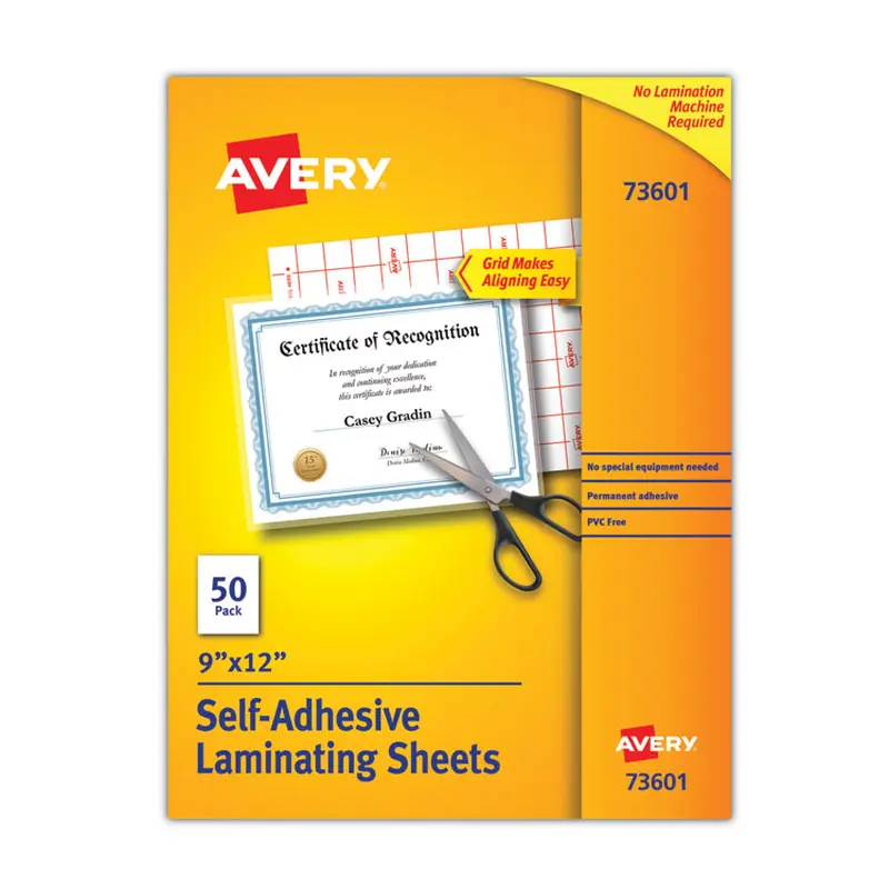 Avery Clear Self-Adhesive Laminating Sheets, 3 mil, 9" x 12", Matte Clear, 50/Box (AVE73601) Box of 50