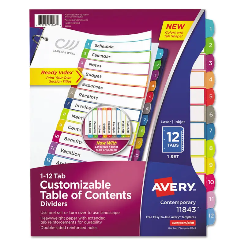 Avery Customizable TOC Ready Index Multicolor Tab Dividers, 12-Tab, 1 to 12, 11 x 8.5, White, Contemporary Color Tabs, 1 Set (AVE11843) Set of 12
