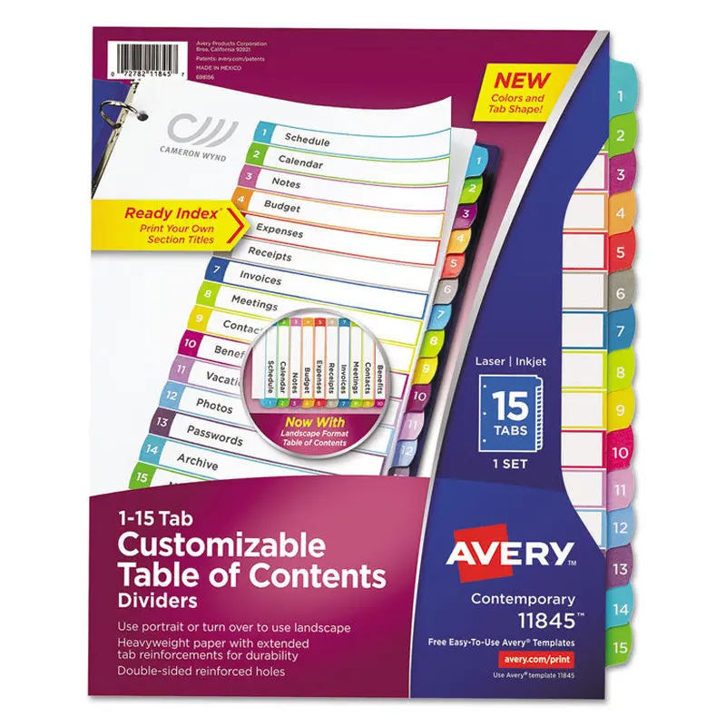 Avery Customizable TOC Ready Index Multicolor Tab Dividers, 15-Tab, 1 to 15, 11 x 8.5, White, Contemporary Color Tabs, 1 Set (AVE11845) Set of 15
