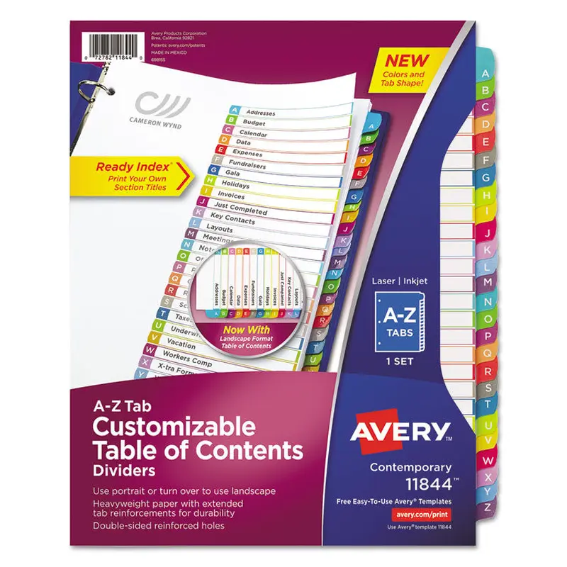 Avery Customizable TOC Ready Index Multicolor Tab Dividers, 26-Tab, A to Z, 11 x 8.5, White, Contemporary Color Tabs, 1 Set (AVE11844) Set of 26