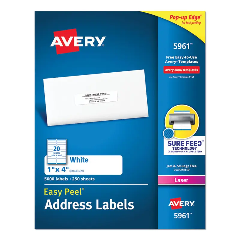 Avery Easy Peel White Address Labels w/ Sure Feed Technology, Laser Printers, 1 x 4, White, 20/Sheet, 250 Sheets/Box (AVE5961) Box of 5000