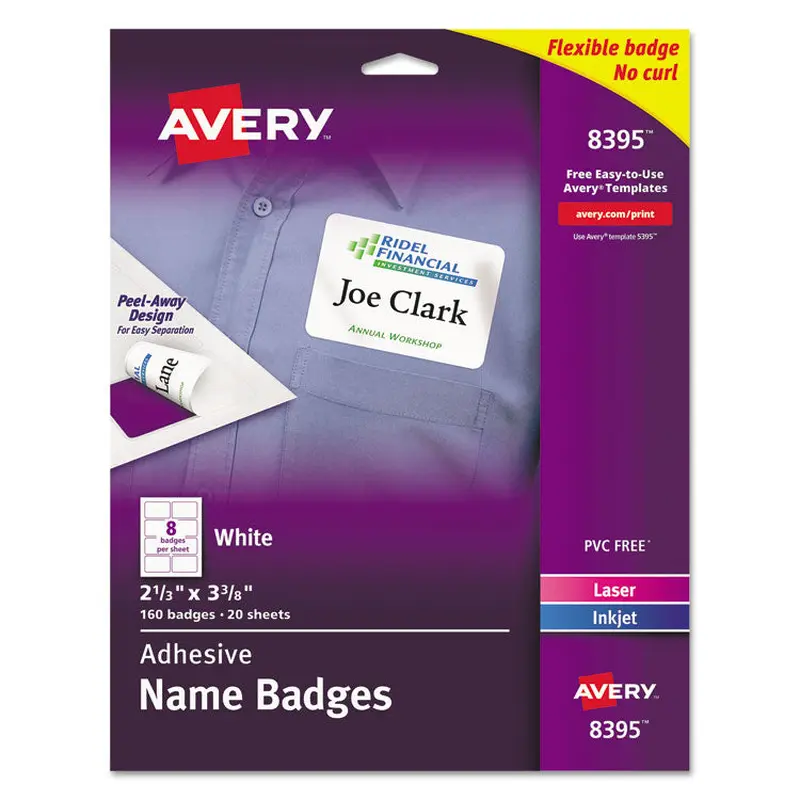 Avery Flexible Adhesive Name Badge Labels, 3.38 x 2.33, White, 160/Pack (AVE8395) Pack of 160