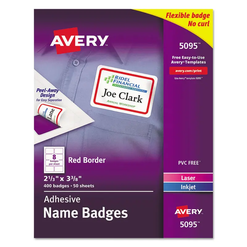 Avery Flexible Adhesive Name Badge Labels, 3.38 x 2.33, White/Red Border, 400/Box (AVE5095) Box of 400