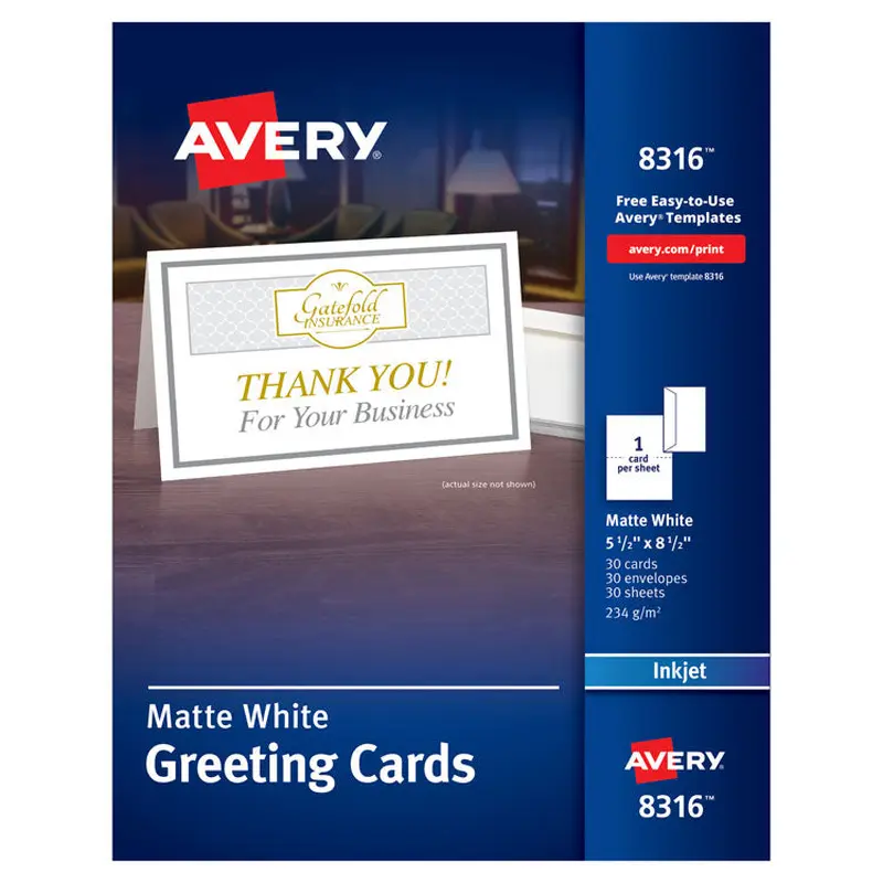 Avery Half-Fold Greeting Cards with Matching Envelopes, Inkjet, 85 lb, 5.5 x 8.5, Matte White, 1 Card/Sheet, 30 Sheets/Box (AVE8316) Each