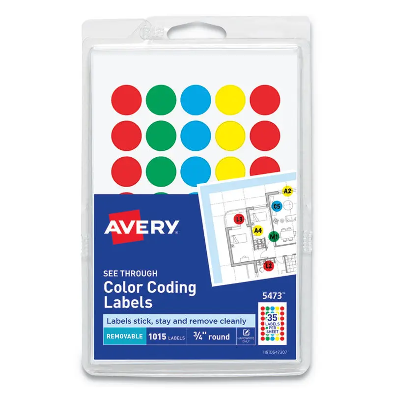 Avery Handwrite-Only Self-Adhesive "See Through" Removable Round Color Dots, 0.75" dia, Assorted, 35/Sheet, 29 Sheets/Pack, (5473) (AVE05473) Pack of 1000