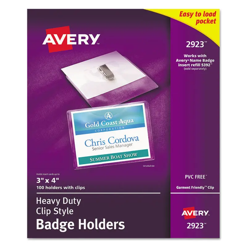 Avery Heavy-Duty Clip-Style Badge Holders, Horizontal, 4 x 3, Clear, 100/Box (AVE2923) Box of 100 Badge Holders