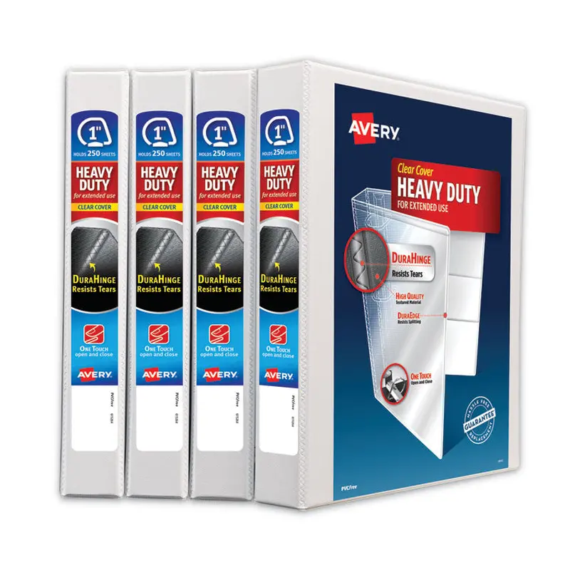 Avery Heavy-Duty Non Stick View Binder with DuraHinge and Slant Rings, 3 Rings, 1" Capacity, 11 x 8.5, White, 4/Pack (AVE79780) Each