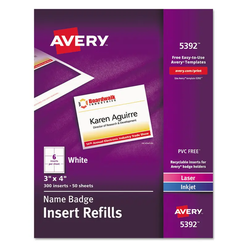 Avery Name Badge Insert Refills, Horizontal/Vertical, 3 x 4, White, 300/Box (AVE5392) Box of 300