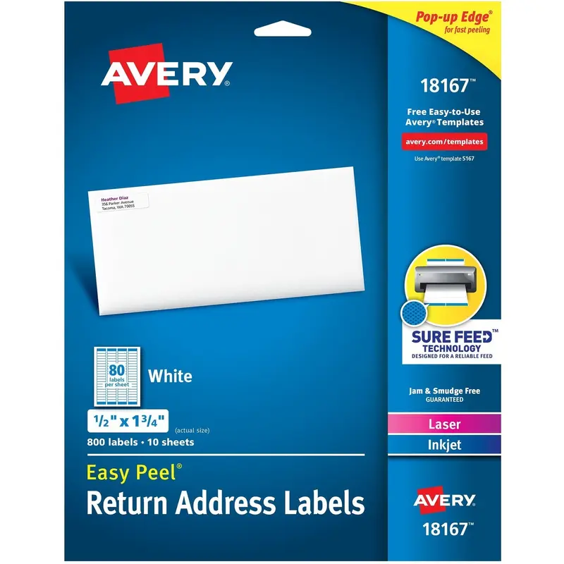 Avery® Return Address, Laser/Inkjet, 1/2"x1 3/4" 800 per Pack, White (AVE18167) Pack of 80